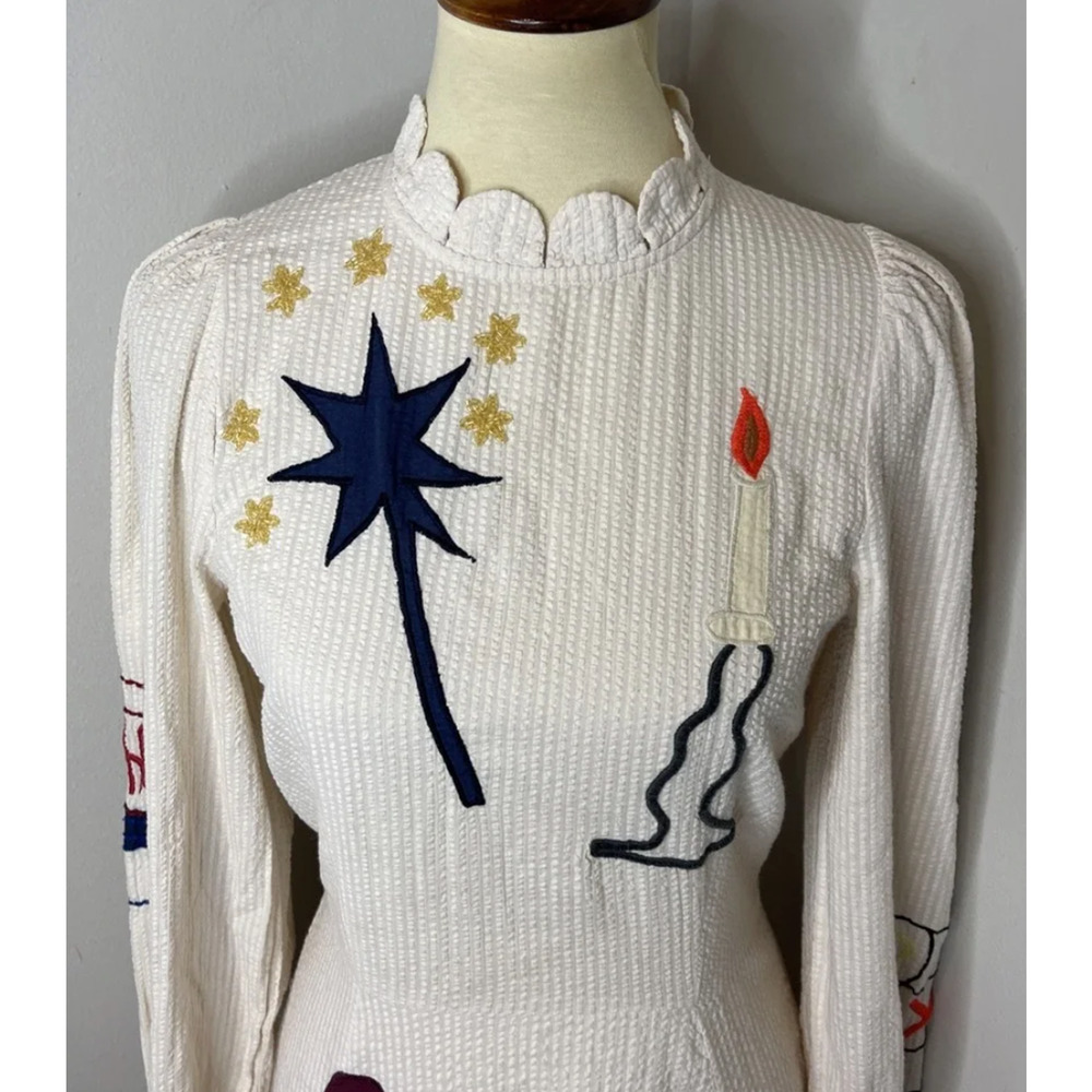 STELLA NOVA IVORY CIRCUS PRINTED APPLIQUE COTTON-SEERSUCKER MIDI DRESS SZ M US 8 - Picture 10 of 16